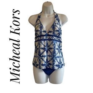 Micheal Kors Medium Tankini Bikini Set Blue White Floral Print